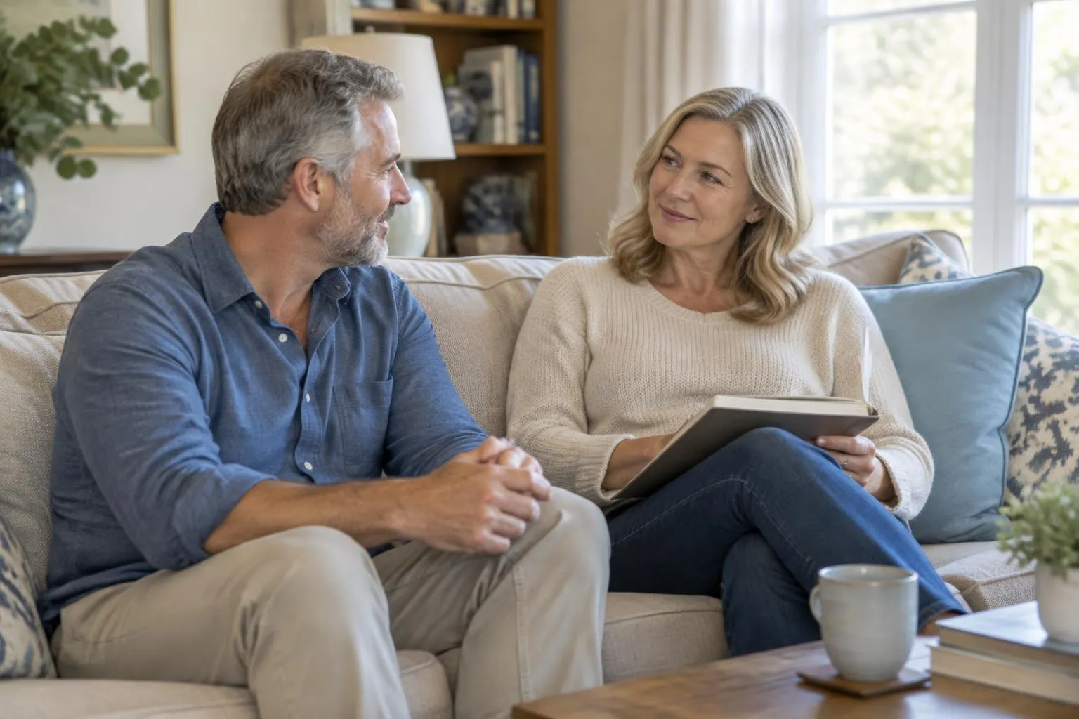 Couple in their 50s talking together on a sofa in a sunlit living room