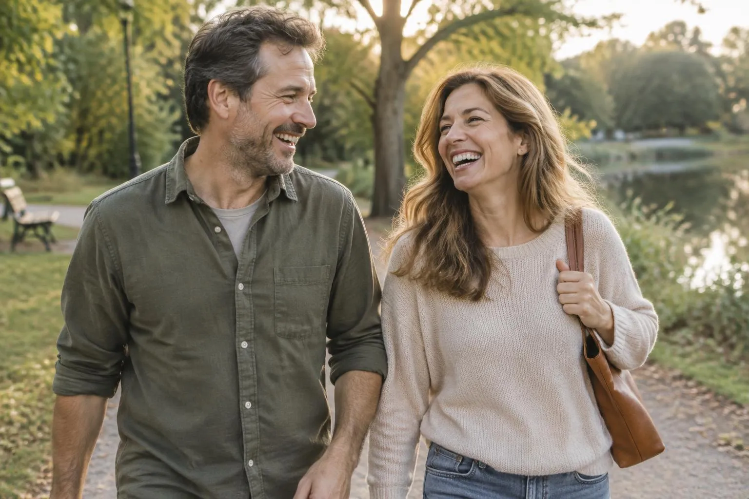 Man and woman in their 40s laughing together on a walk through a park at sunset