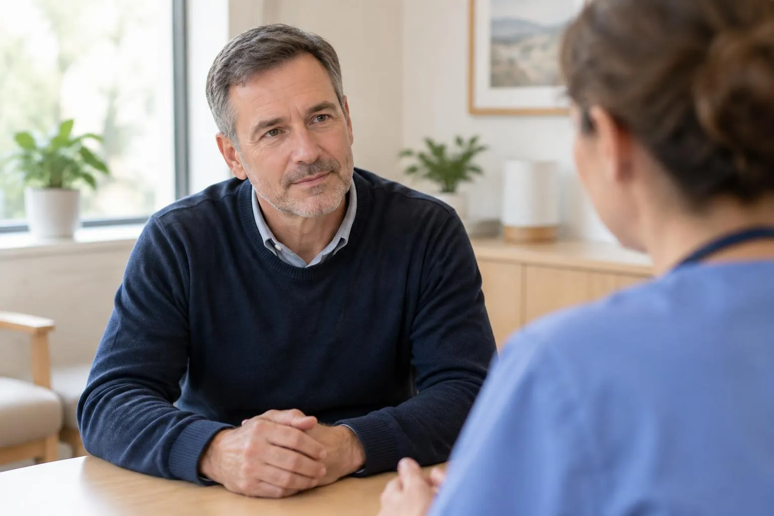 Middle-aged man listening during an unhurried conversation with a nurse practitioner