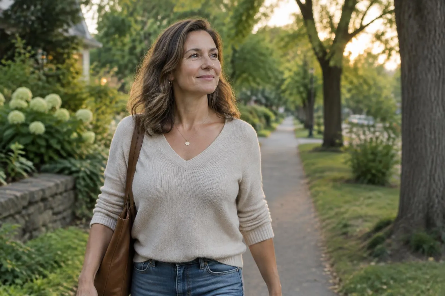 Woman in her 40s walking calmly along a tree-lined neighborhood path at golden hour