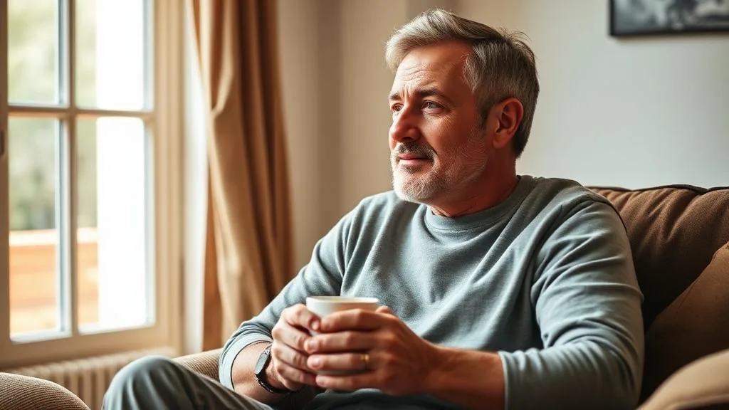 A middle-aged man holding a coffee mug while sitting near a window, looking quietly out at the light