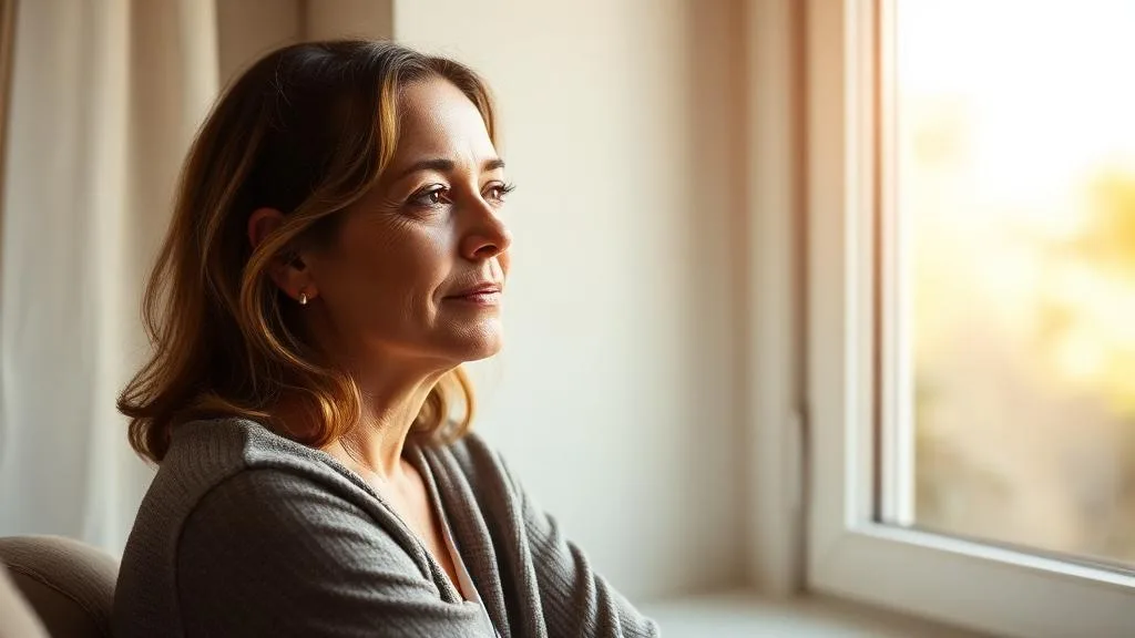 A middle-aged woman in a gray wrap sitting by a bright window, looking thoughtfully into the distance