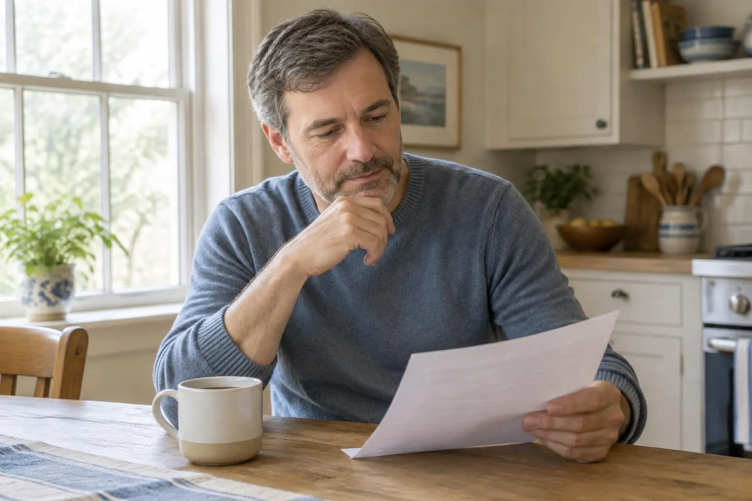 Man in his late 40s reading a paper at his kitchen table in soft morning light