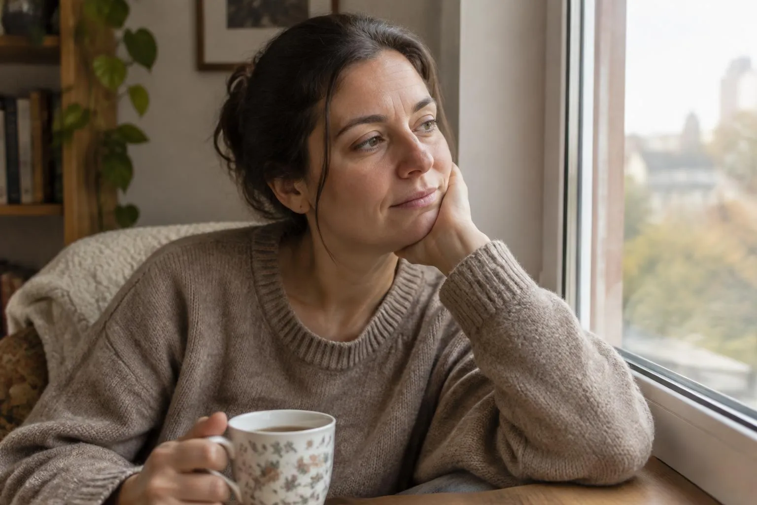 Woman in her late 30s resting by a window with a cup of tea, looking thoughtful