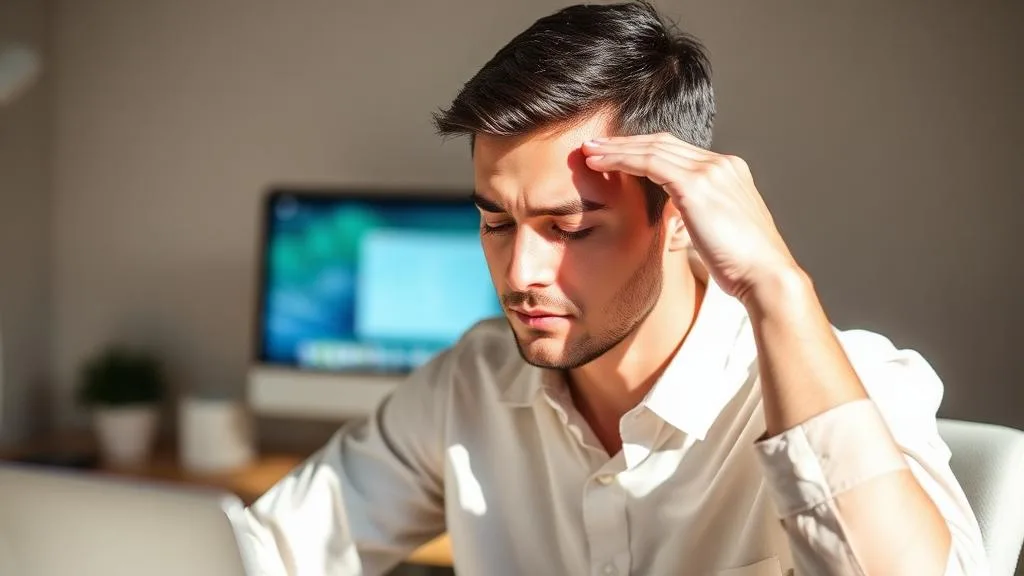 A man at his desk rubbing his temple with his eyes closed while a computer screen glows behind him