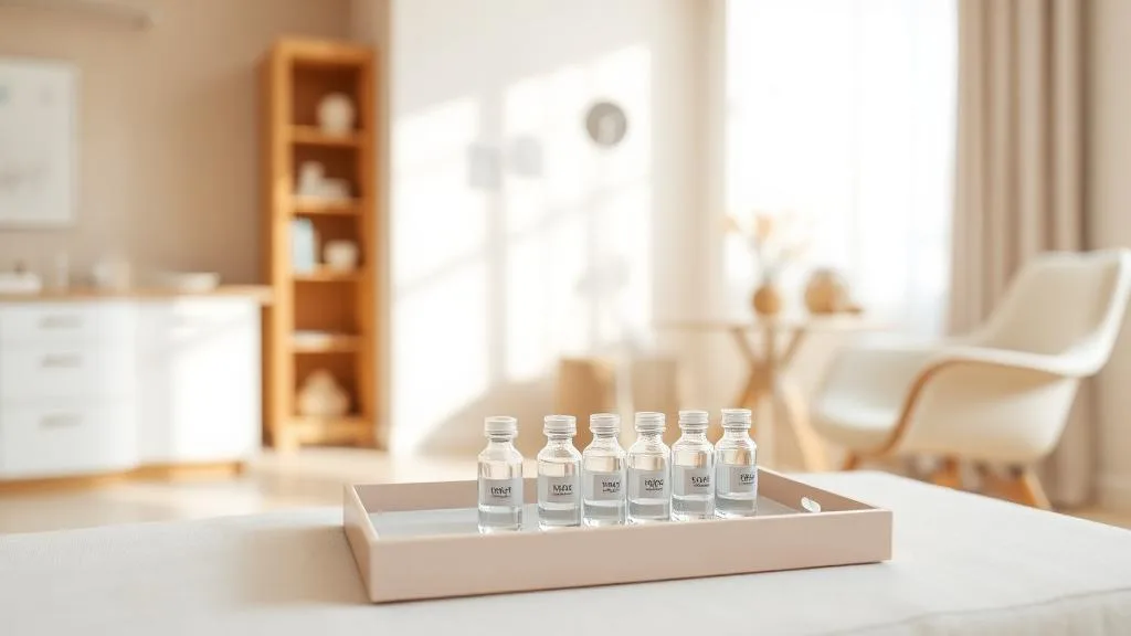 Six small clear vials of peptide medication arranged on a tray in a bright, sunlit room