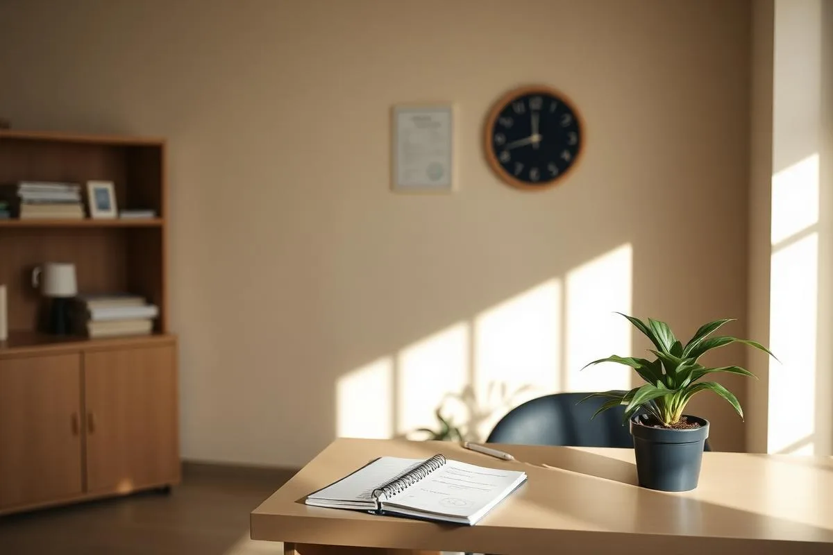 A calm wellness desk with a notebook, pen, and small plant ready for a hormone therapy consultation
