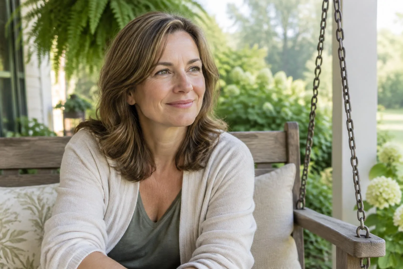 Woman in her early 50s sitting on a porch swing in soft morning light, smiling calmly