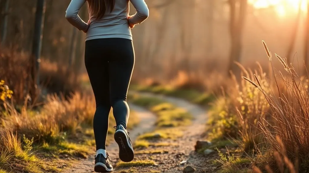 A woman in athletic clothes standing on an outdoor trail at sunset with one hand resting on her hip
