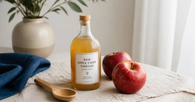A bottle of raw unfiltered apple cider vinegar on a linen tablecloth beside two red apples and a wooden spoon