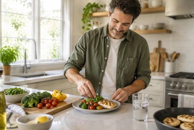 Man in his 40s plating a simple meal of grilled chicken and vegetables in a bright kitchen