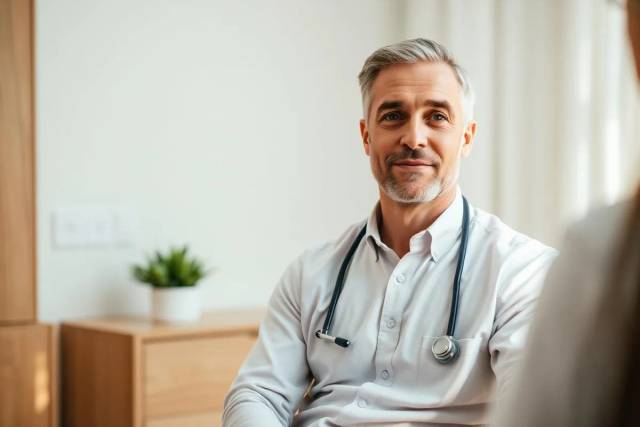 A man discussing hormone therapy options with a wellness provider in a consultation