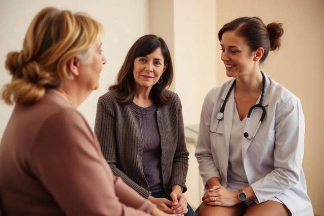 Three women talking with a hormone therapy provider during a supportive consultation