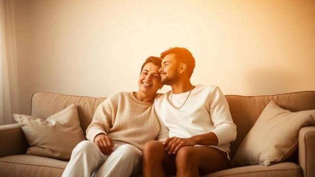 A couple sitting close together on a couch in warm afternoon light, smiling and relaxed