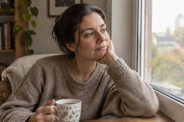Woman in her late 30s resting by a window with a cup of tea, looking thoughtful