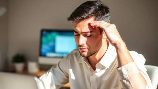 A man at his desk rubbing his temple with his eyes closed while a computer screen glows behind him