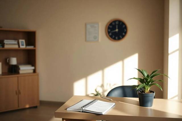 A calm wellness desk with a notebook, pen, and small plant ready for a hormone therapy consultation
